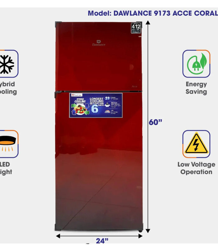Dawlance 9173 ACCE Coral Red Double Door Refrigerator 12 Cubic Feet Hybrid Cooling